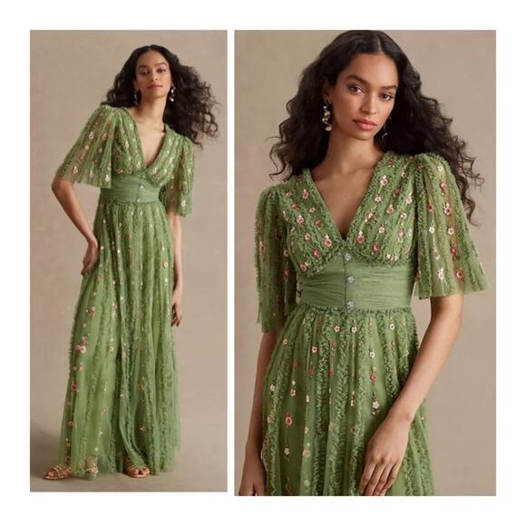 Mac Duggal Dresses & Skirts - Mac Duggal 8028 Green Moss Floral Embroidered Tulle Gown Flutter Sleeve Dress 18